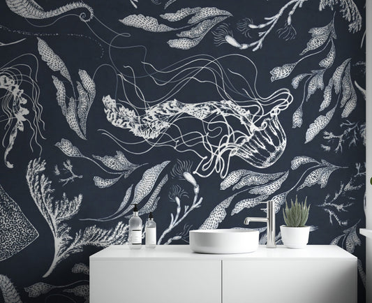 Navy marine life wallpaper with jellyfish, seahorses, and fish.

