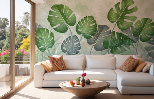 Best Tropical Wild Trees wallpaper mural with green monstera leaves behind a white sectional sofa in a living room