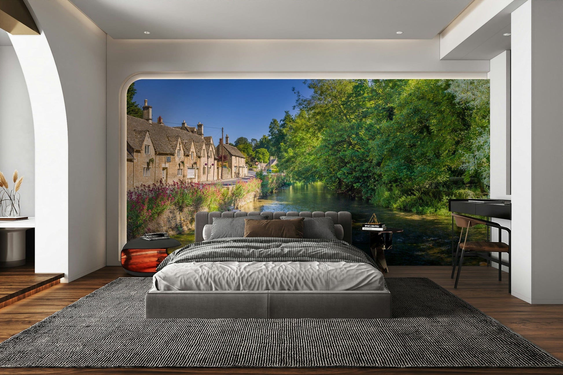 A peaceful Cotswold village mural on decorative wallpaper.

