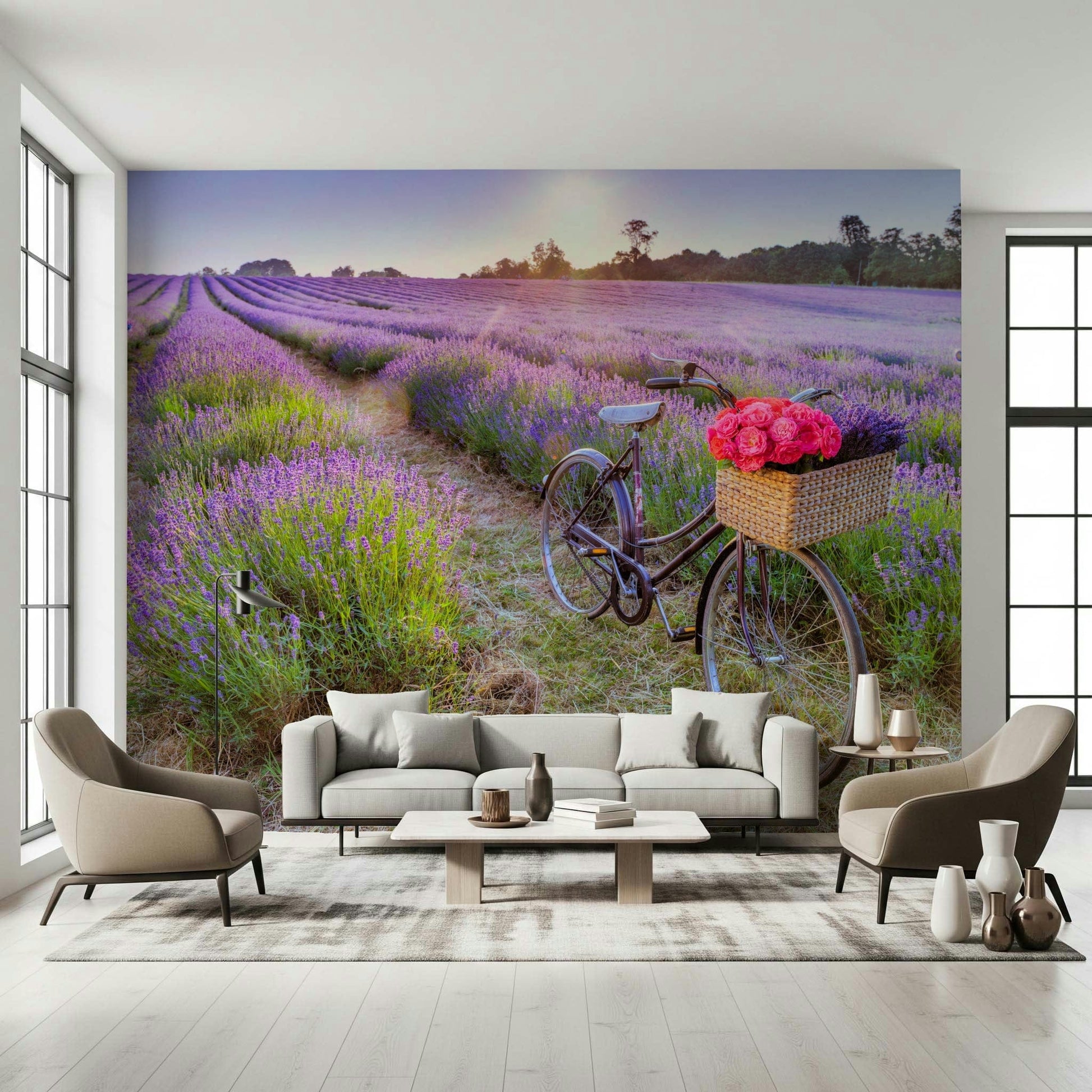 Removable mural showing antique bicycle, Bicycle in a Lavender Field.