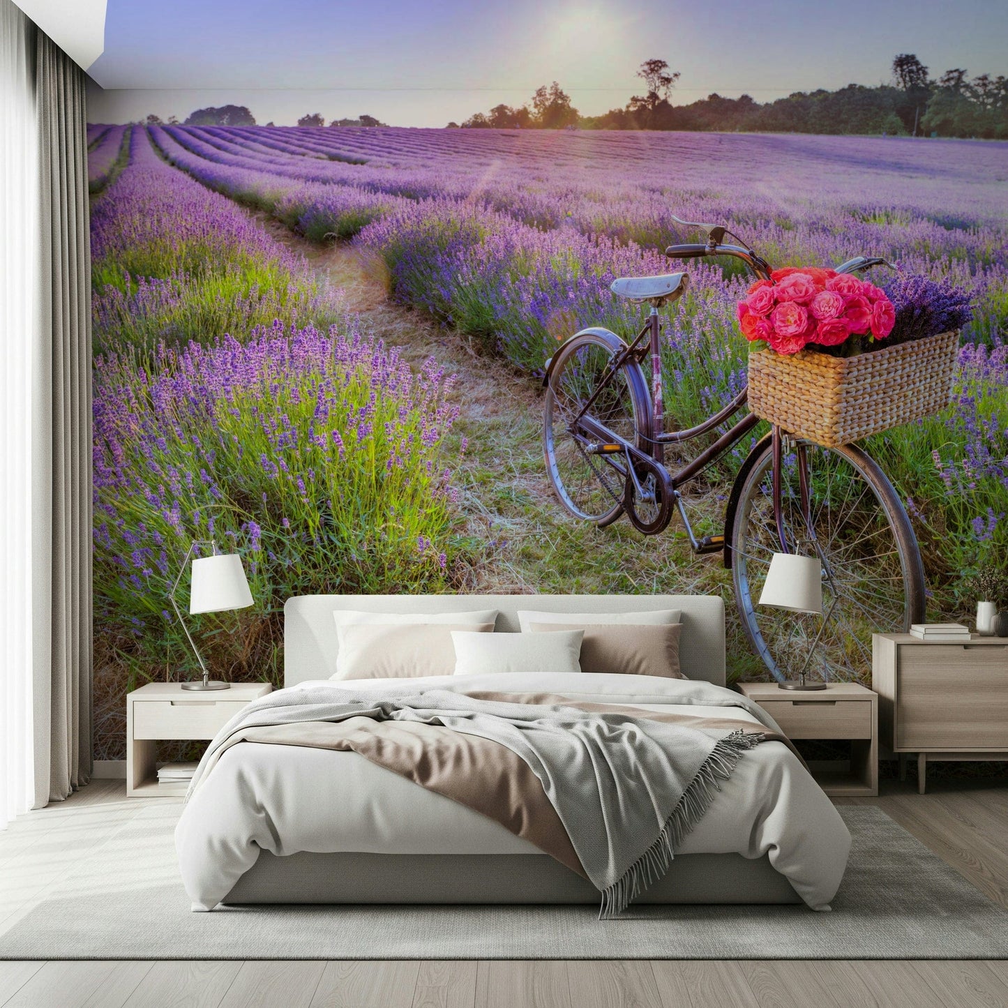 Flower field backdrop, Bicycle in a Lavender Field, stunning vibrant wall paper.