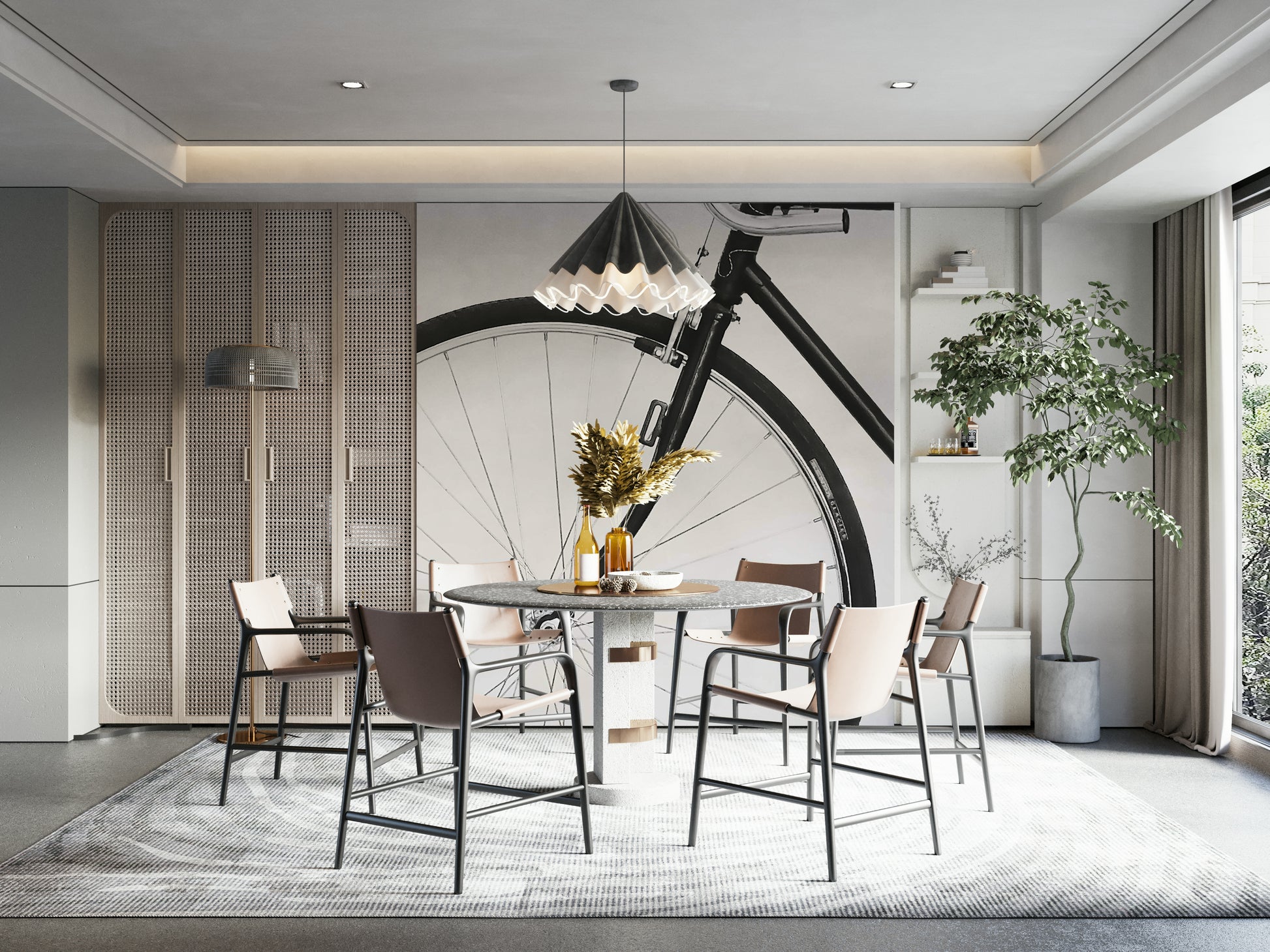 Neutral-toned wall mural with bike graphics

