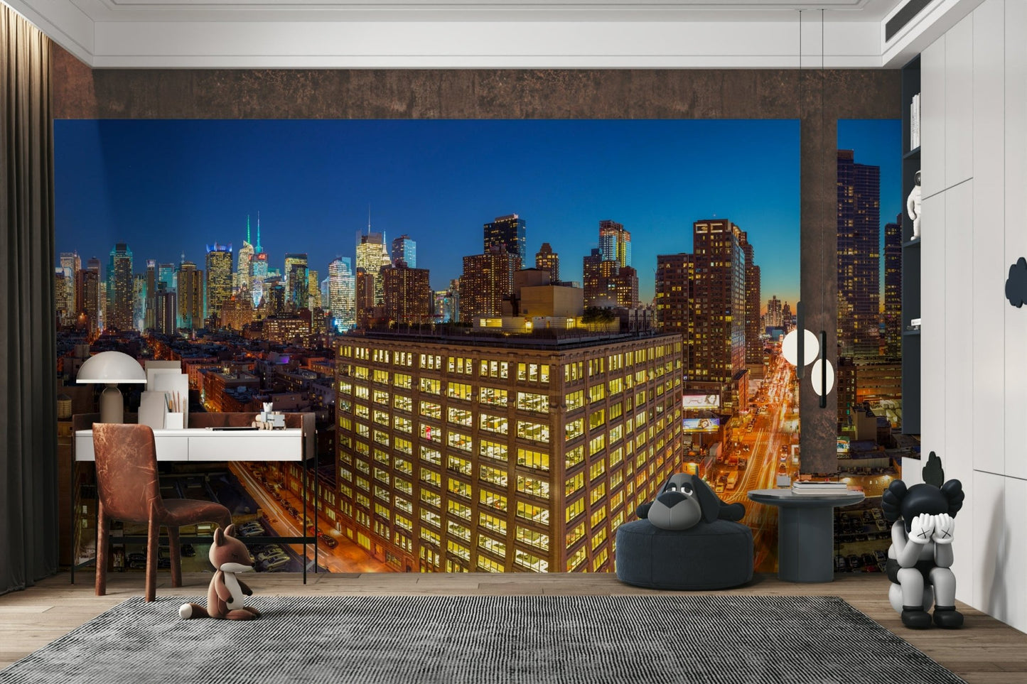 A wall mural featuring a vibrant city skyline at night.

