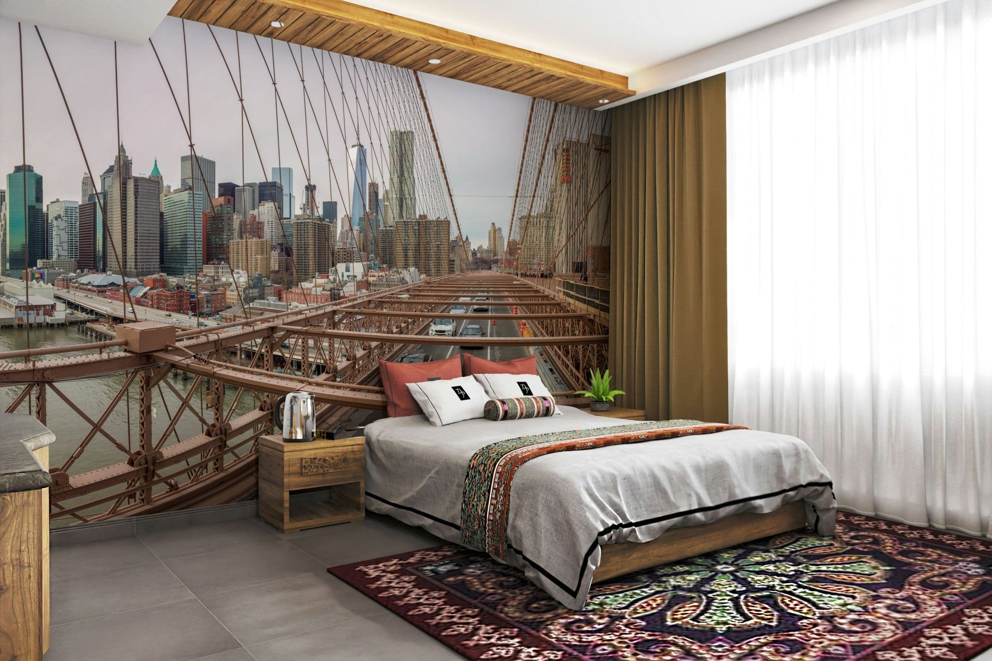 The wall mural is installed on a living room feature wall.

