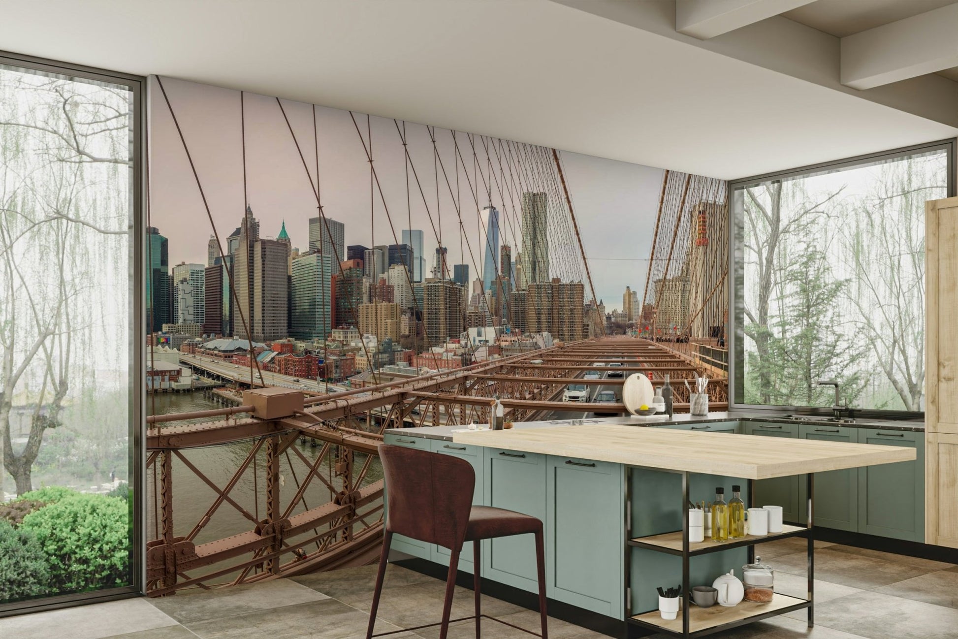 The wallpaper is applied seamlessly, making the view feel realistic.

