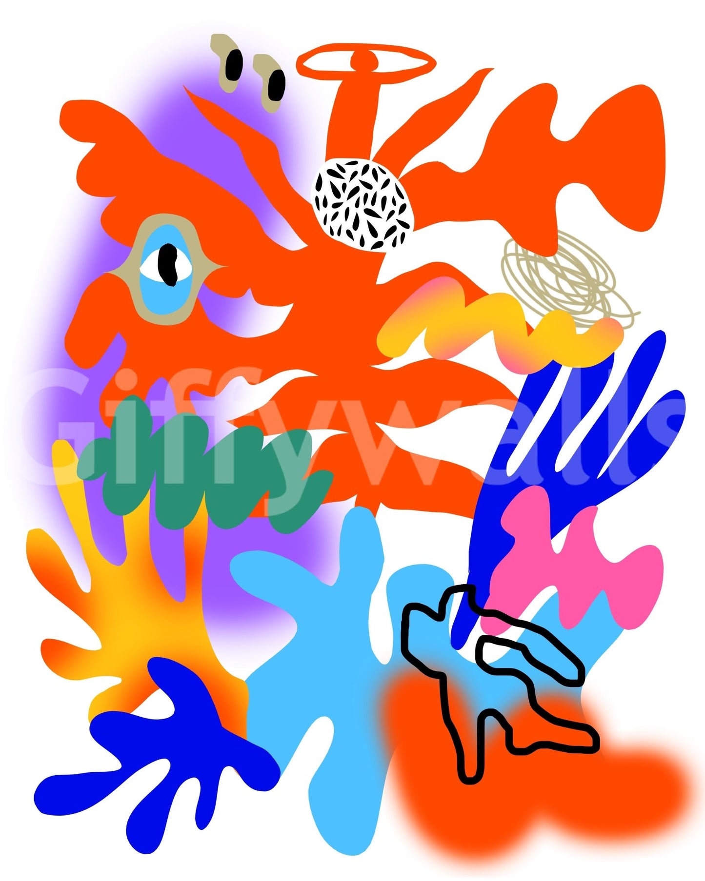 Wall mural with swirling galaxies and bright, explosive colors

