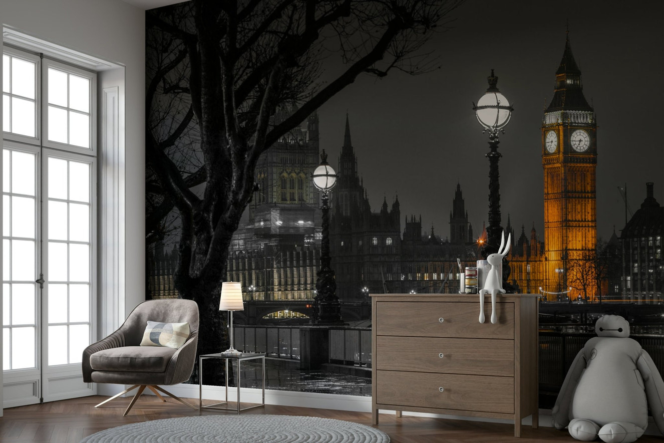 A stylish wall mural of the Big Ben clock tower in London.
