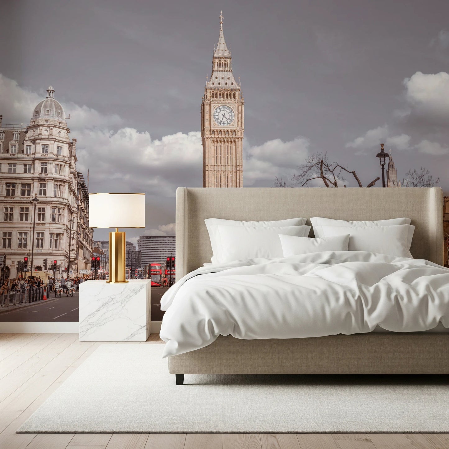 Detailed city scene with red bus and Big Ben Standing bedroom Wall Mural