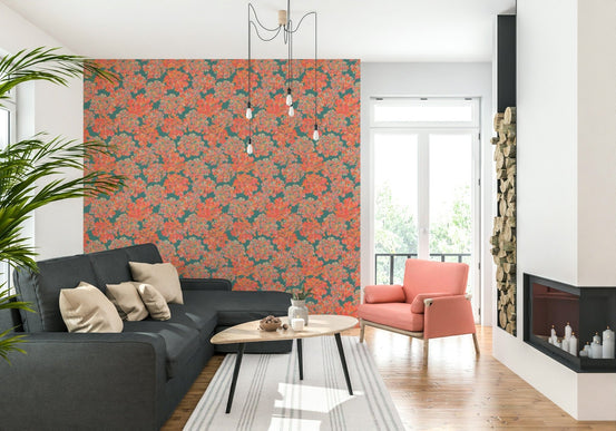 Vibrant apricot hydrangeas cover this teal wallpaper.