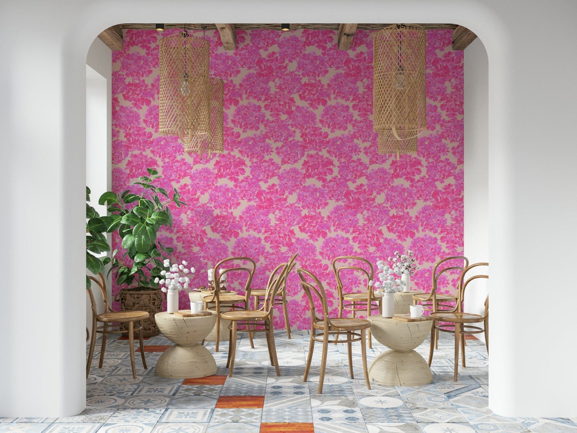 Rose pink hydrangeas decorate this vintage wallpaper