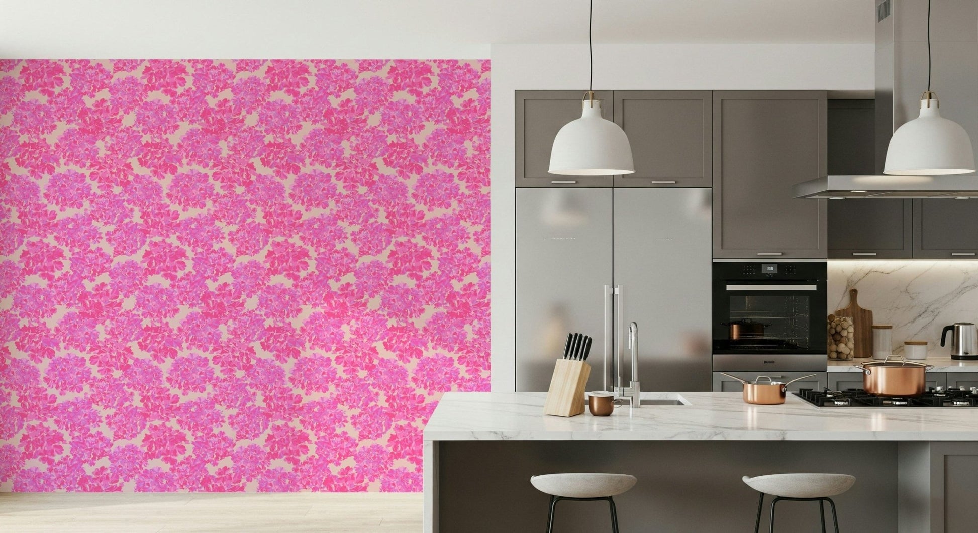 Lavender floral patterns highlight this antique wallpaper.