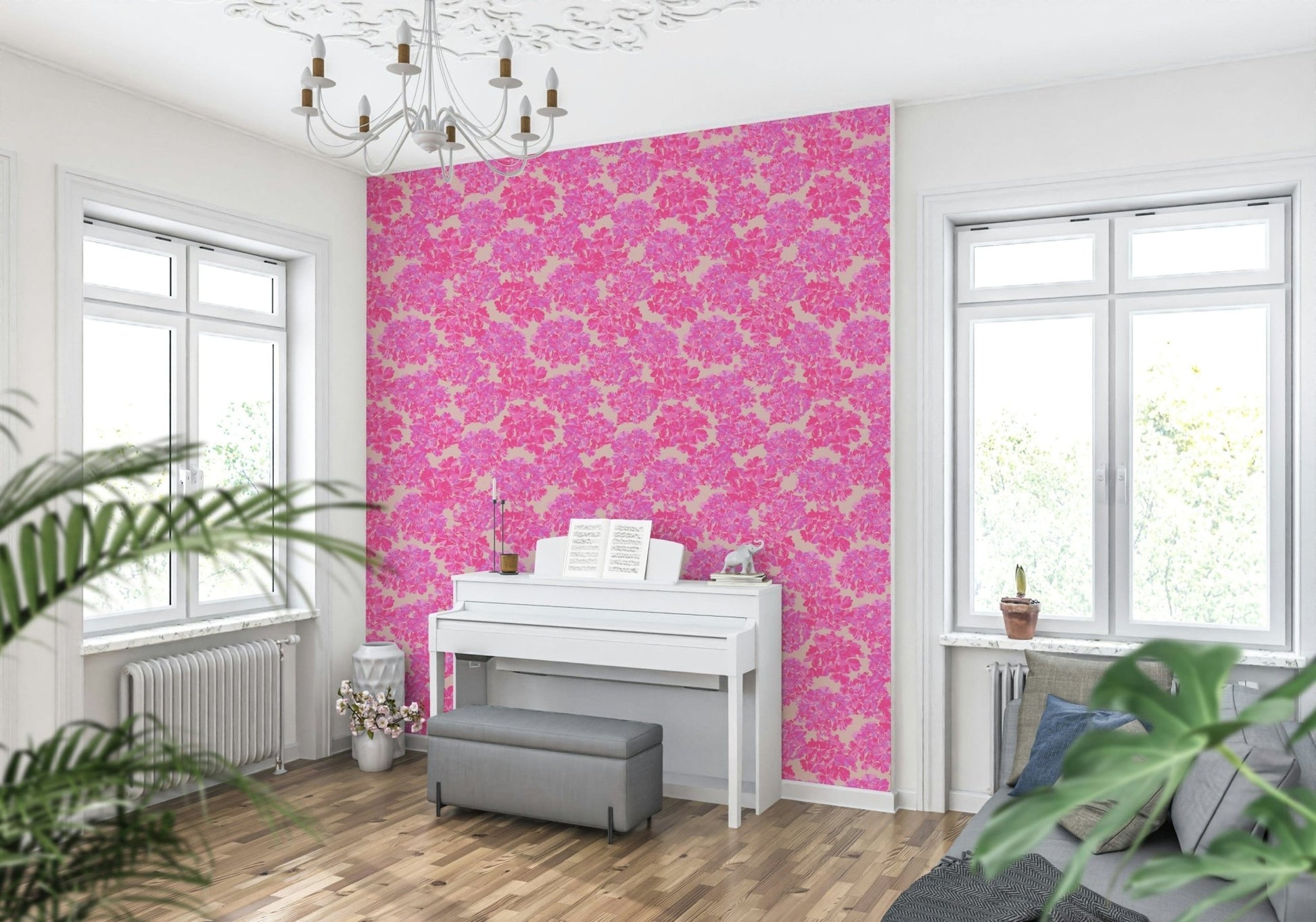 Delicate pink hydrangeas anchor this vintage wallpaper