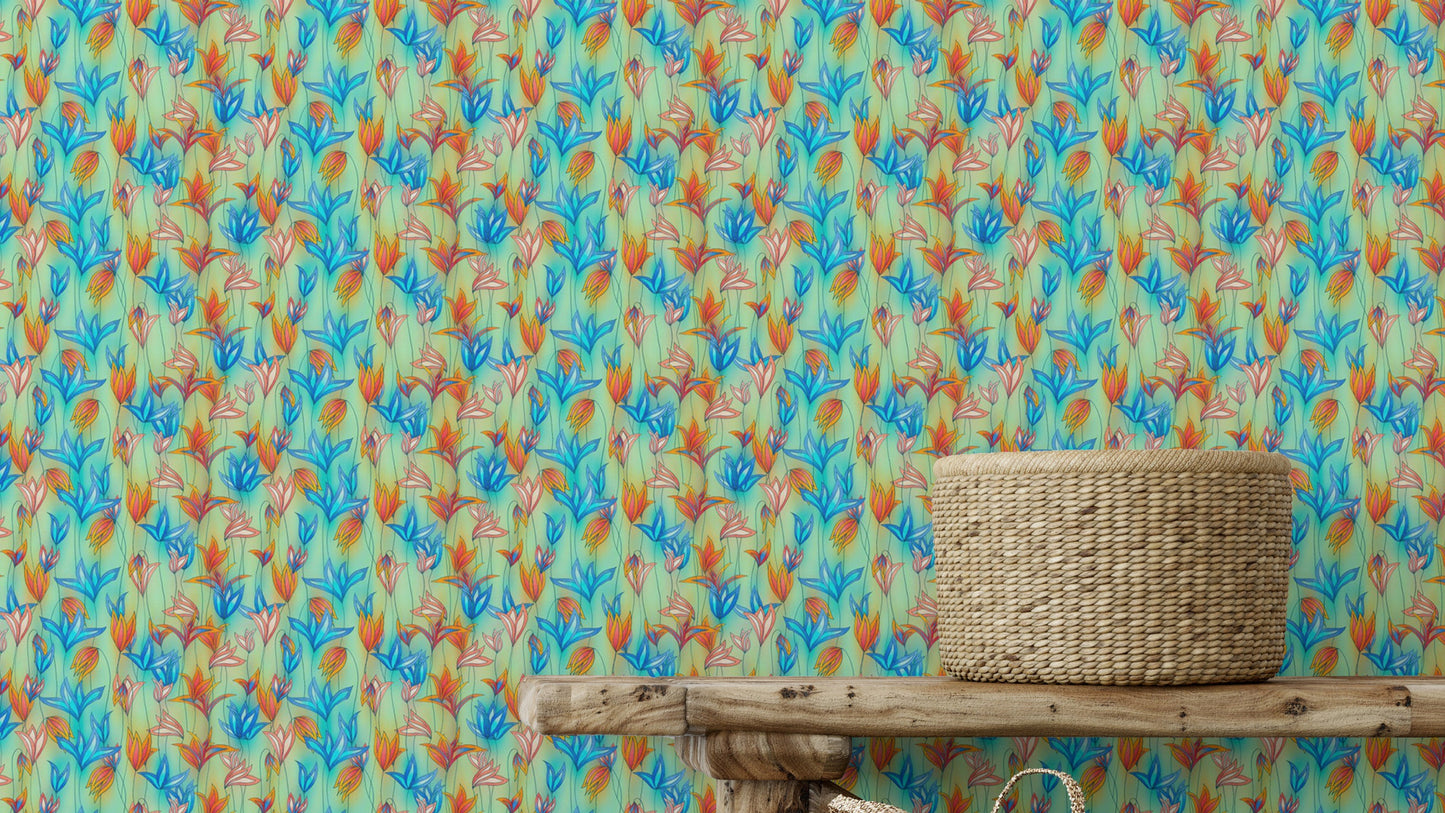 Store fed vilde blomster grøn tapet