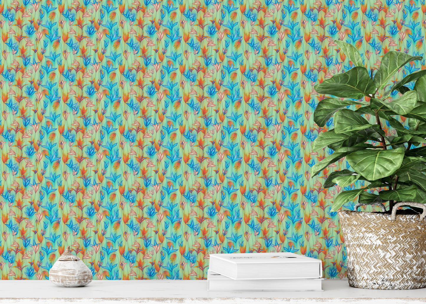 Store fed vilde blomster grøn tapet