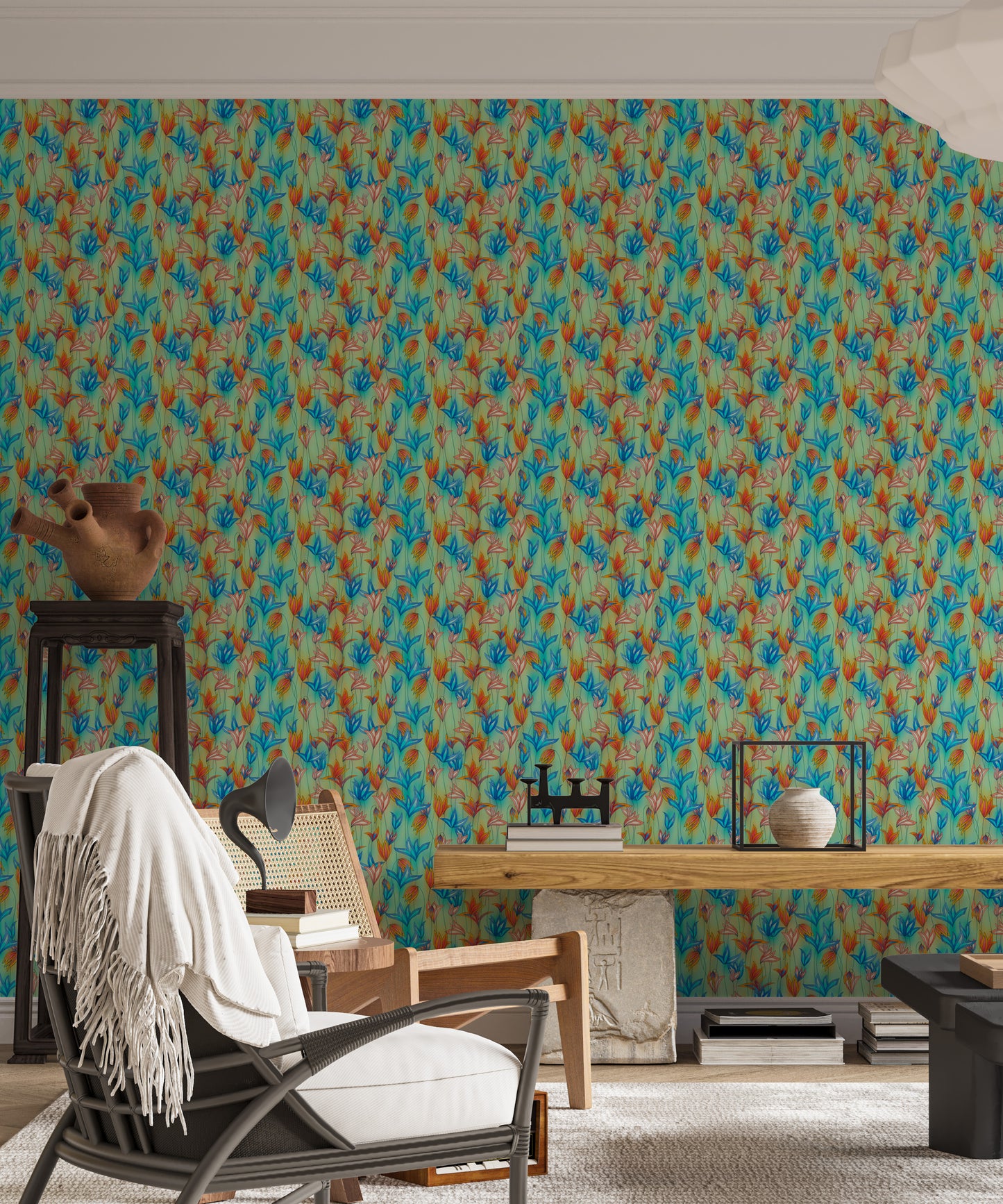 Store fed vilde blomster grøn tapet