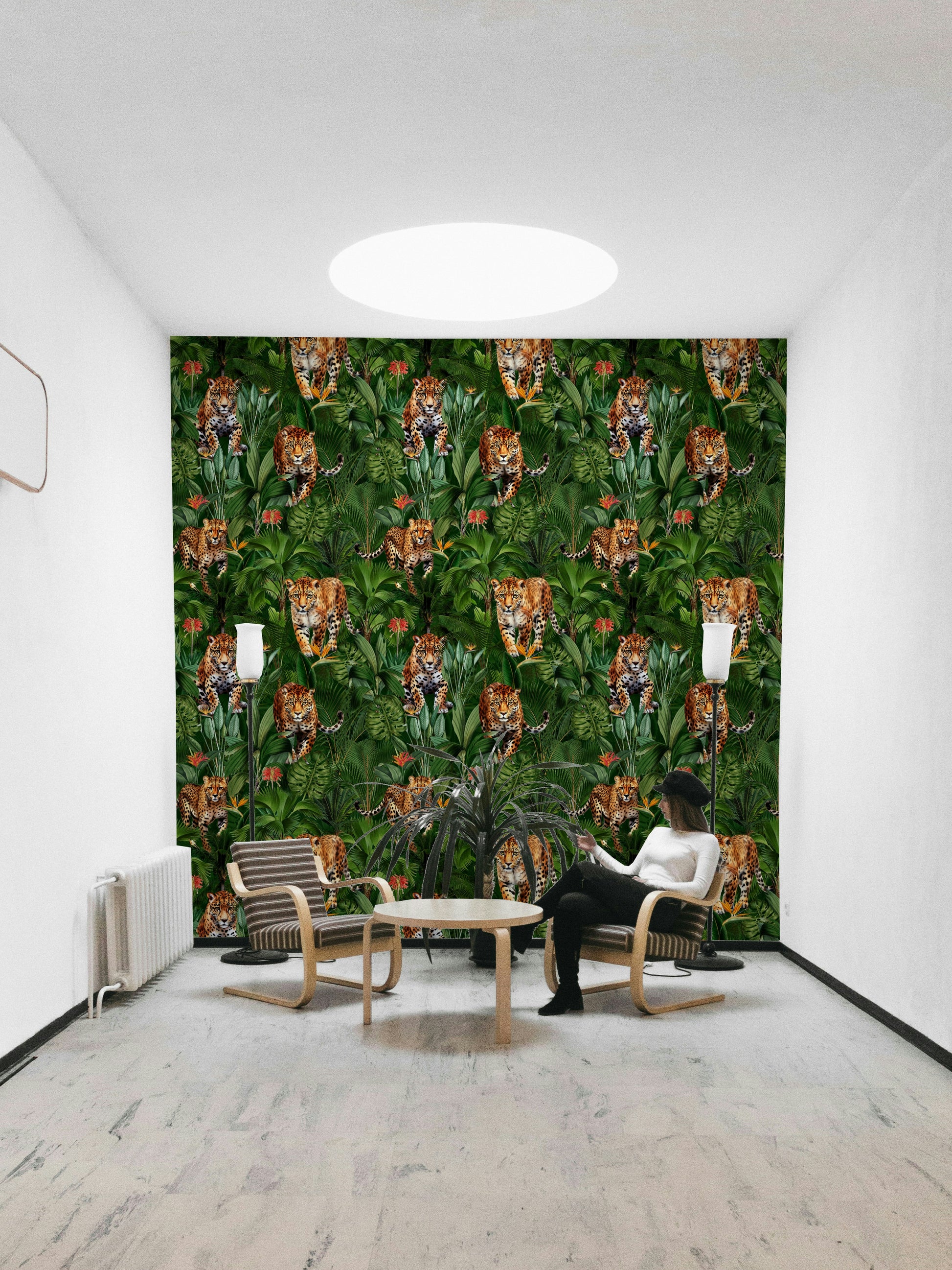 Animal-themed wallpaper with big cats and lush jungle foliage

