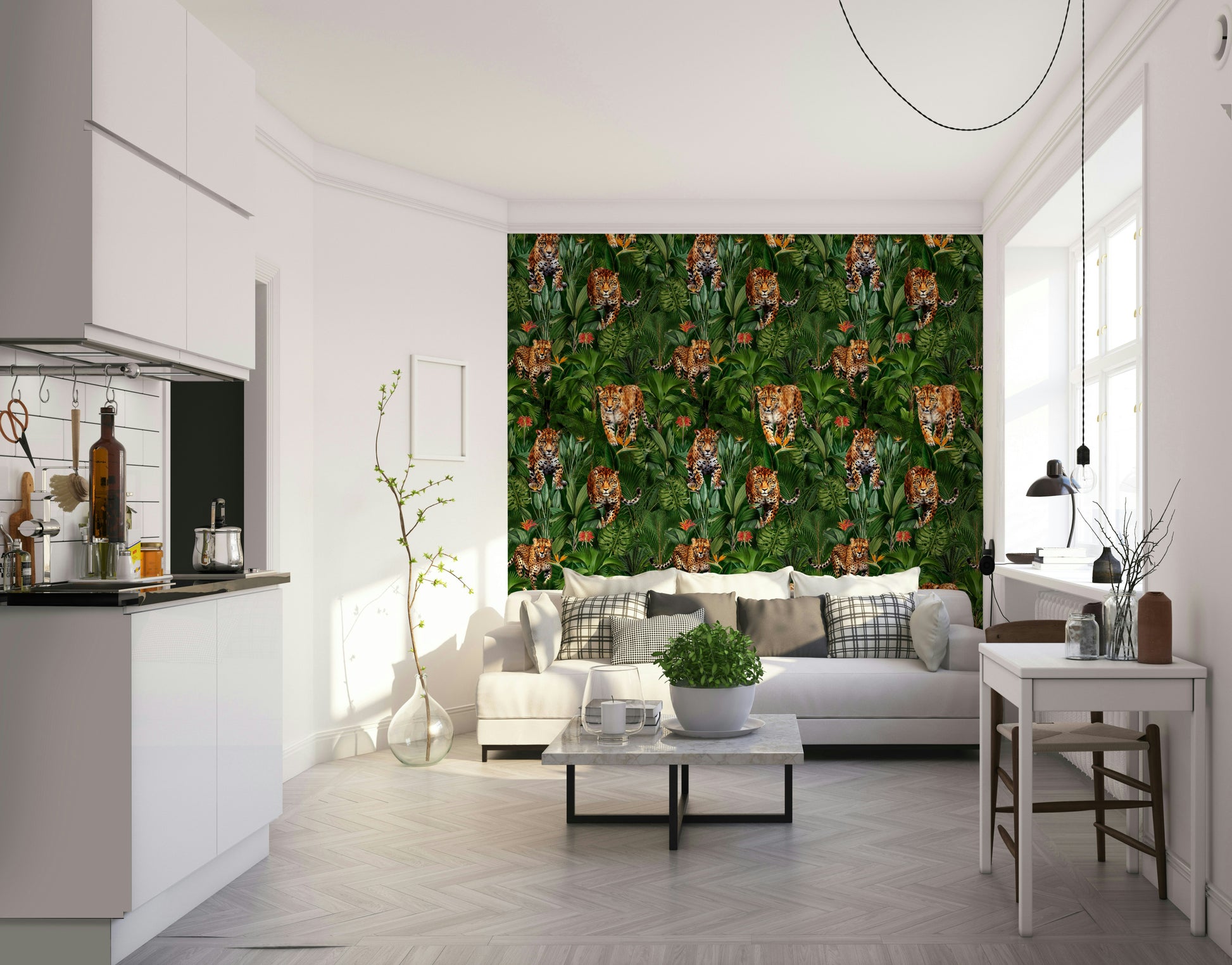 Jungle wallpaper featuring tigers, lions, and leopards for bold spaces

