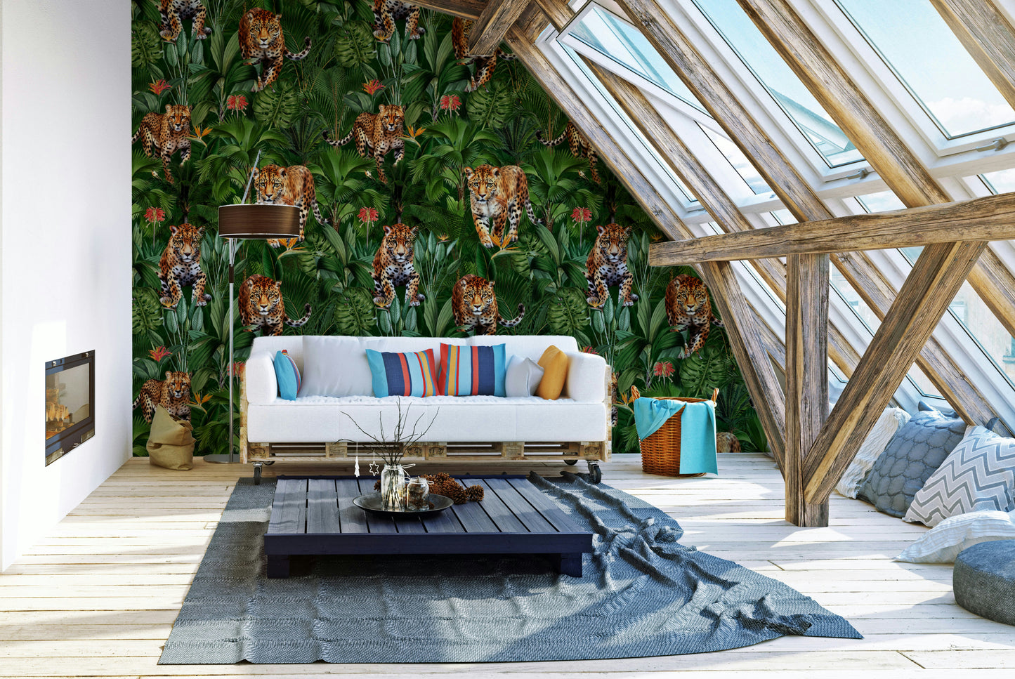 Bold, jungle-themed wallpaper with tigers, lions, and leopards

