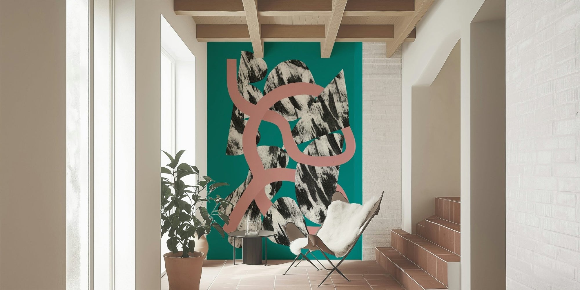 Big Knot wall mural with a coral knot over black-and-white shapes on teal, in an entryway with stairs and a butterfly chair