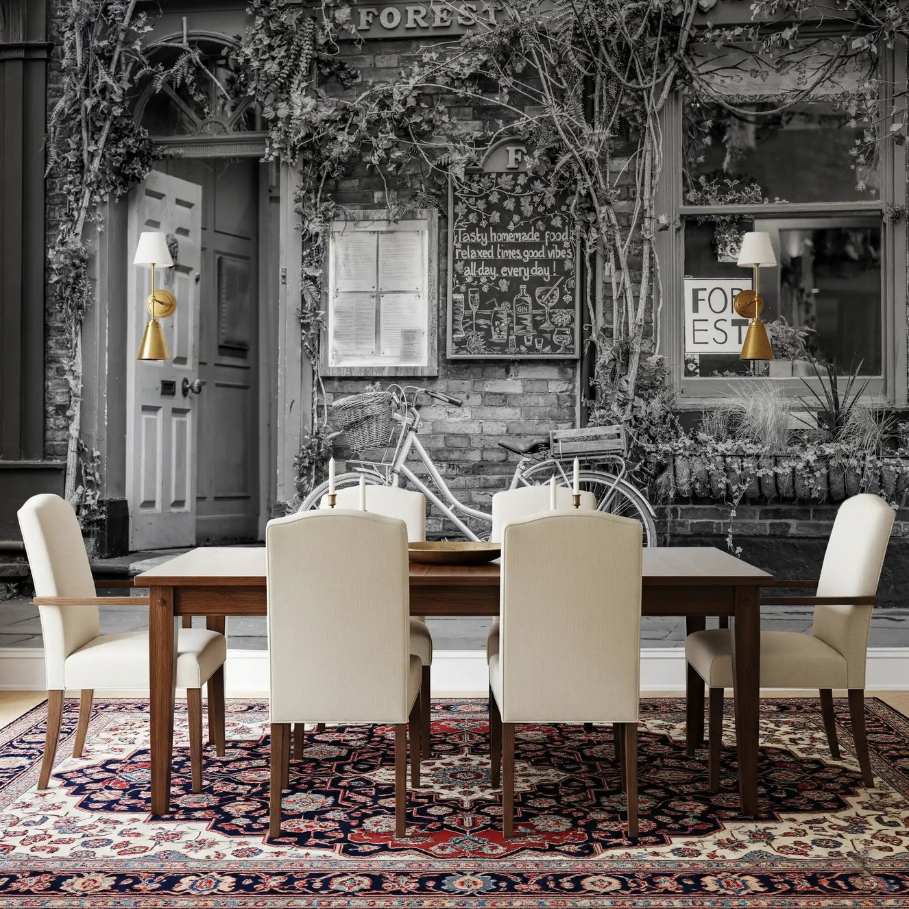 Vintage bicycle leaning against a brick cafe wall mural for dining room.