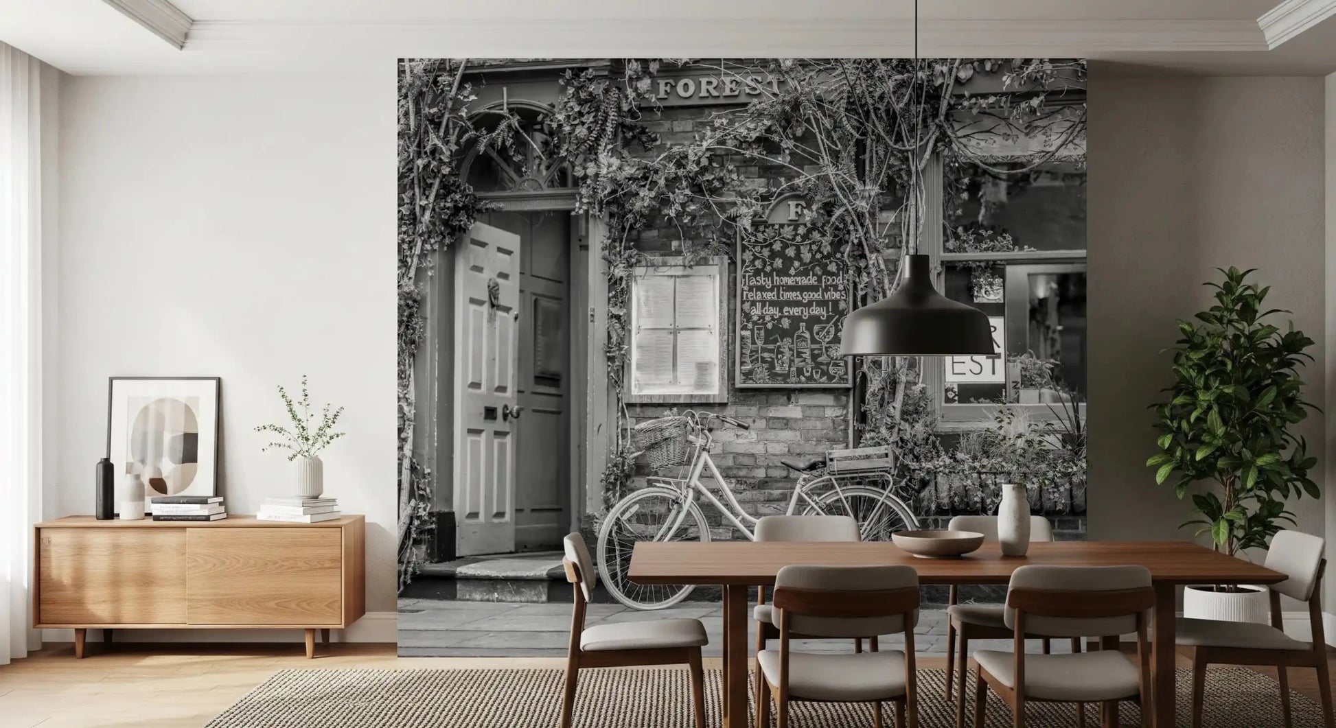 Rustic storefront scene featuring a classic bicycle and Cafe wall mural