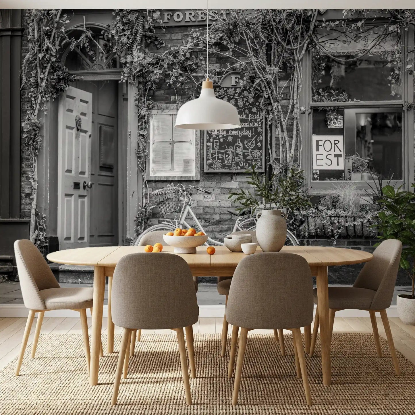 Black and white bike at the cafe wall mural for a dining room