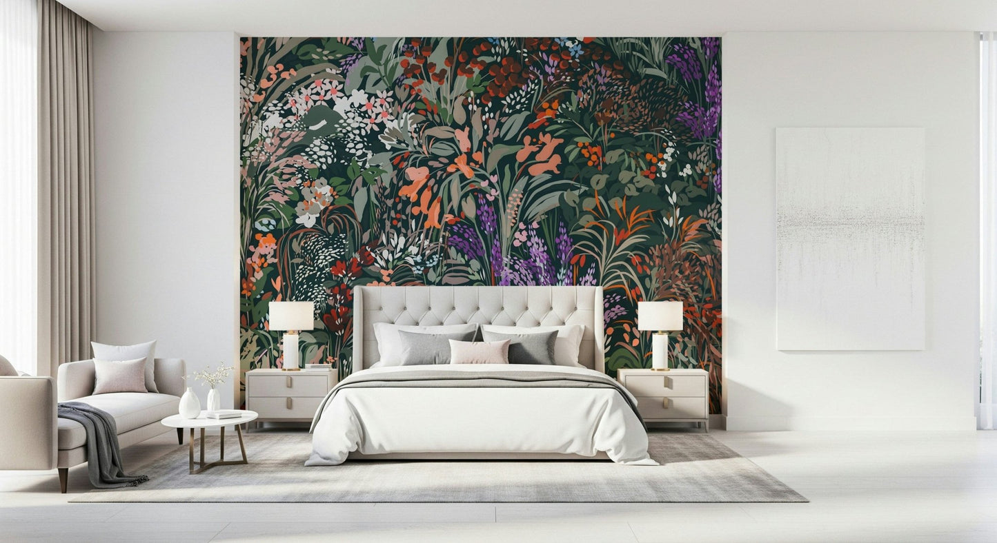 Artistic Biodiversity Canvas wallcovering, wild garden design, beautiful abstract flora.