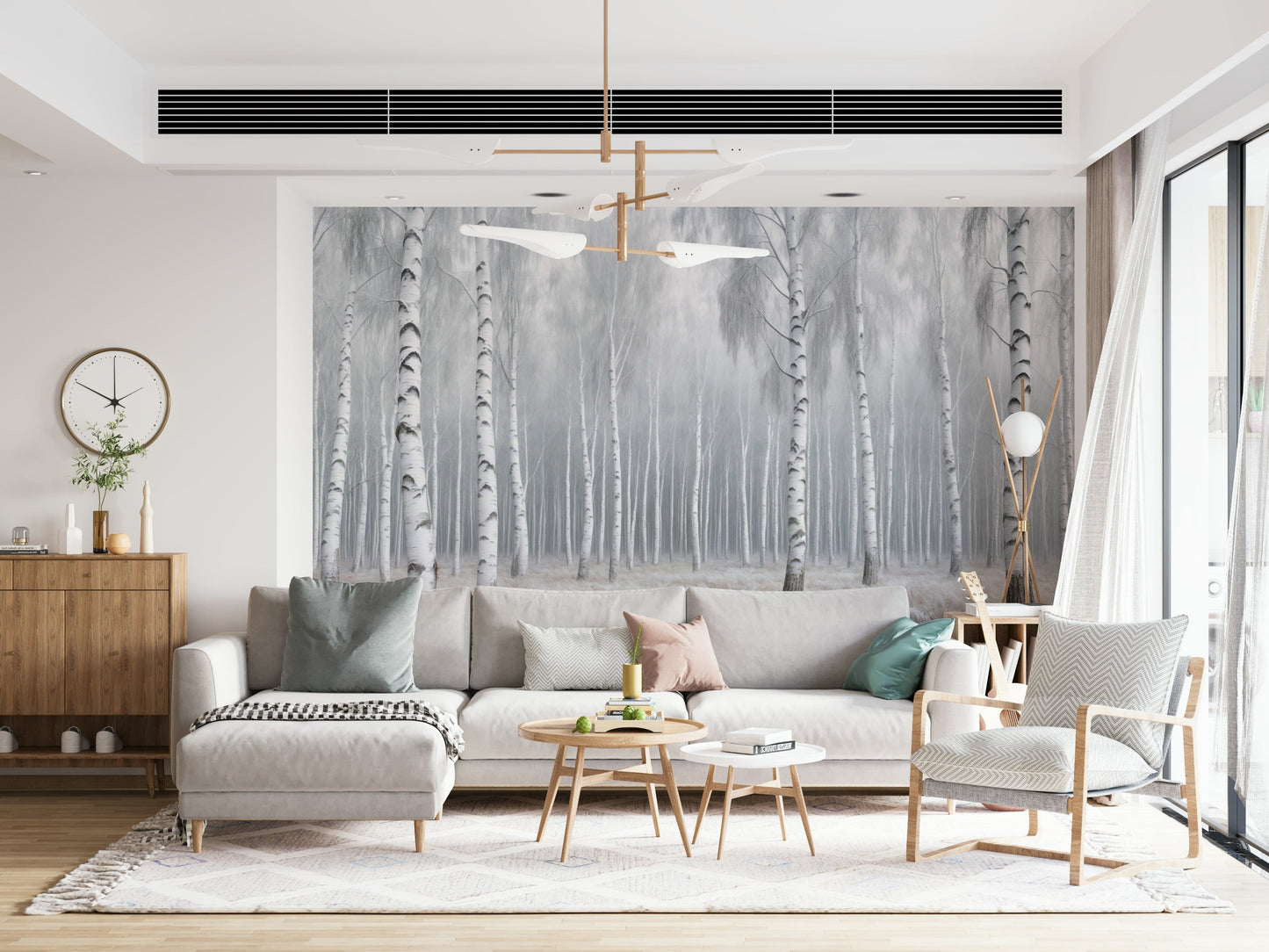 Birch tree mural behind TV unit, modern apartment interior, subtle nature wallpaper