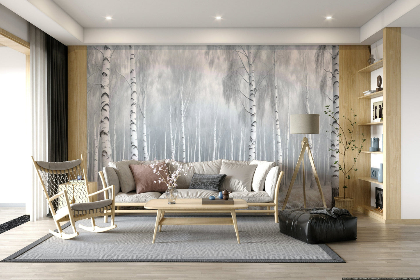 Light birch forest mural in reading nook, calm greige palette, cozy wall decor