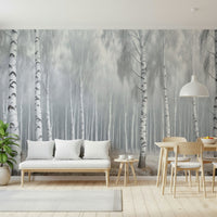 Birch forest wall mural in modern living room, soft neutral color palette, calming wall decor