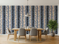 Apartment dining zone wall with retro birch stripe wallpaper, graphic trunks, modern neutral palette