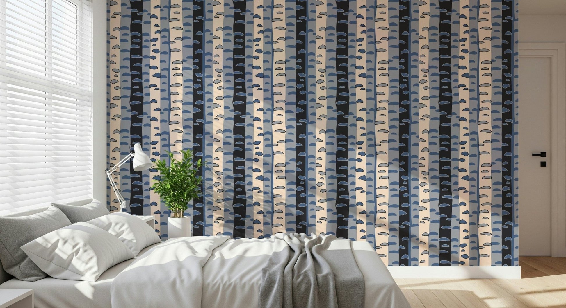 Retro abstract birch stripe wallpaper in blue, black, cream, and grey for a living space.