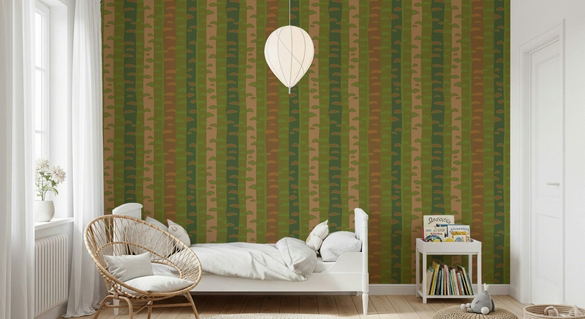 Retro abstract forest birch lines mural in earthy tones for bedroom wall decor