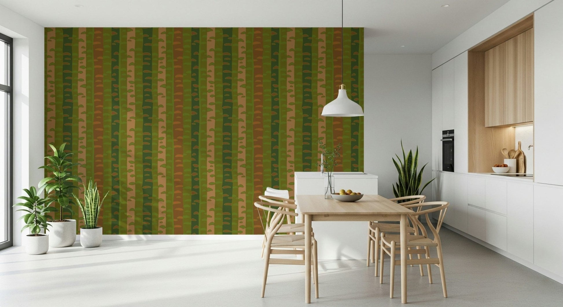 Green brown birch tree stripe wallpaper behind sofa, modern wall decor