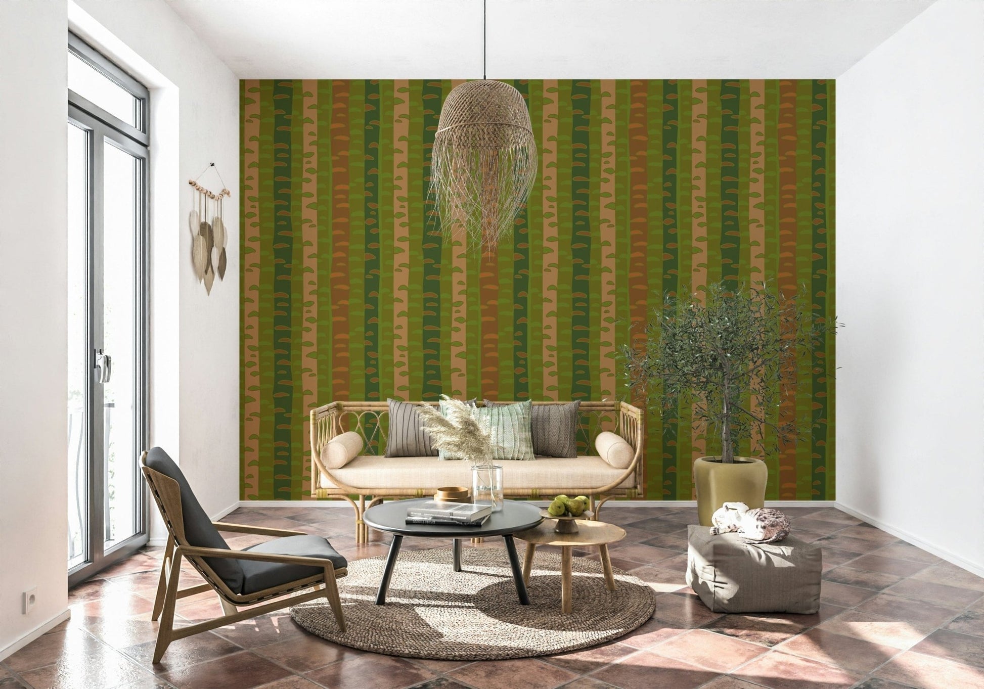 Retro birch stripe wallpaper for dining area feature wall, earthy green and brown
