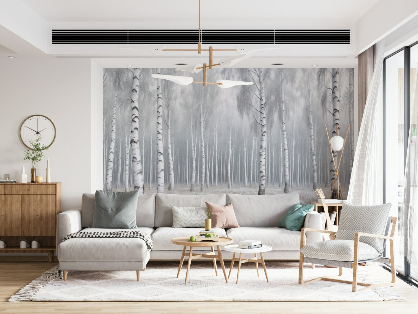 Birch tree mural behind TV unit, modern apartment interior, subtle nature wallpaper