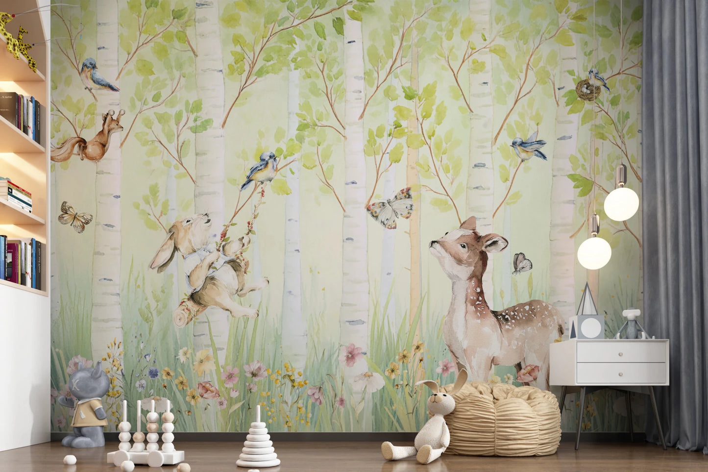 Birchwood Forest Friends Tales wallpaper mural of birch forest with a fawn and rabbit above a kids bed with wildflowers and toys