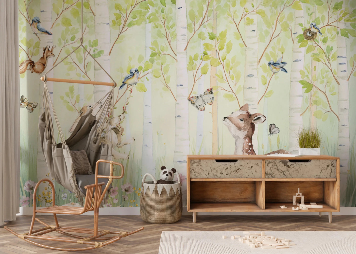 Birchwood Forest Friends Tales wallpaper mural of birch forest with a fawn behind a hanging hammock chair and wooden sideboard