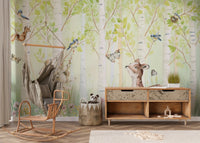 Birchwood Forest Friends Tales wallpaper mural of birch forest with a fawn behind a hanging hammock chair and wooden sideboard
