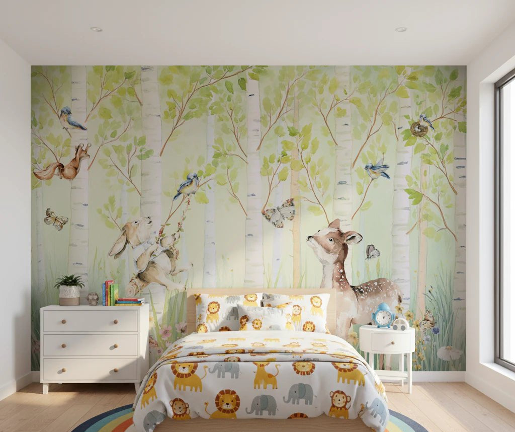 Birchwood Forest Friends Tales wallpaper mural of watercolor birch forest with a fawn and rabbit above a kids bed with animal bedding