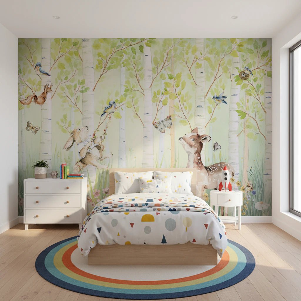 Birchwood Forest Friends Tales wallpaper mural of birch forest with a fawn above a wooden bed with colorful dot bedding and rainbow rug