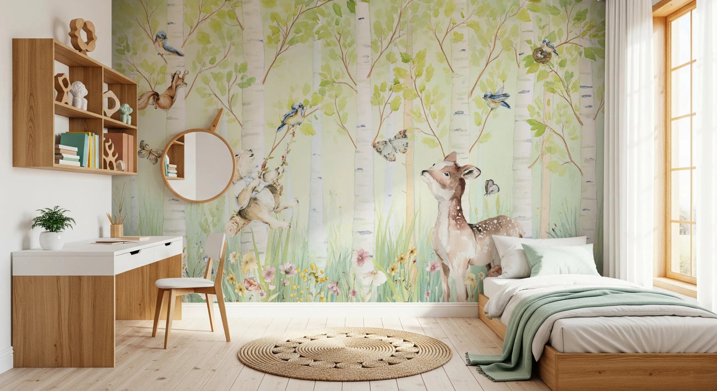 Birchwood Forest Friends Tales wallpaper mural of birch trees with a deer and birds beside a wooden desk and bed in a kids room