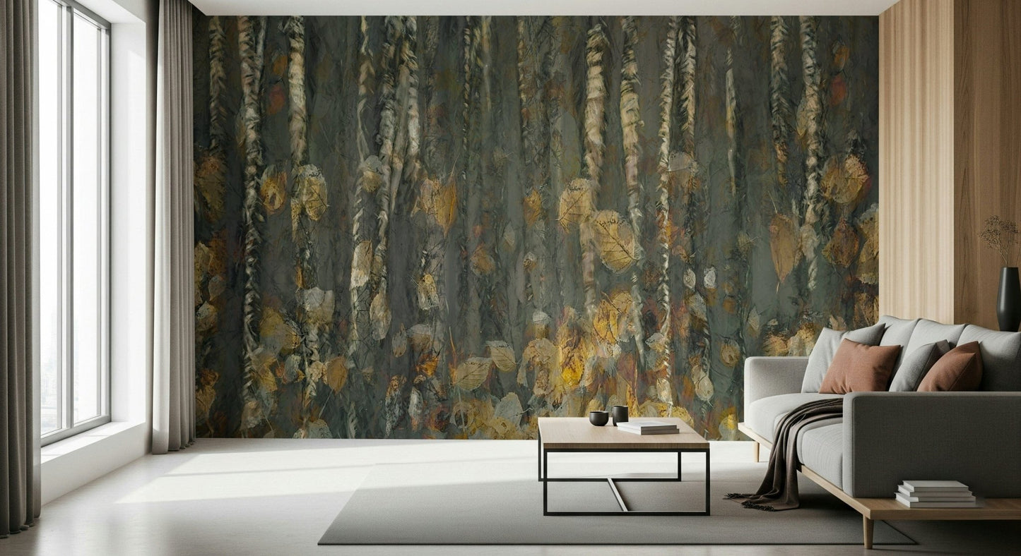 Large scale tree trunk wallpaper for a spacious open plan living area