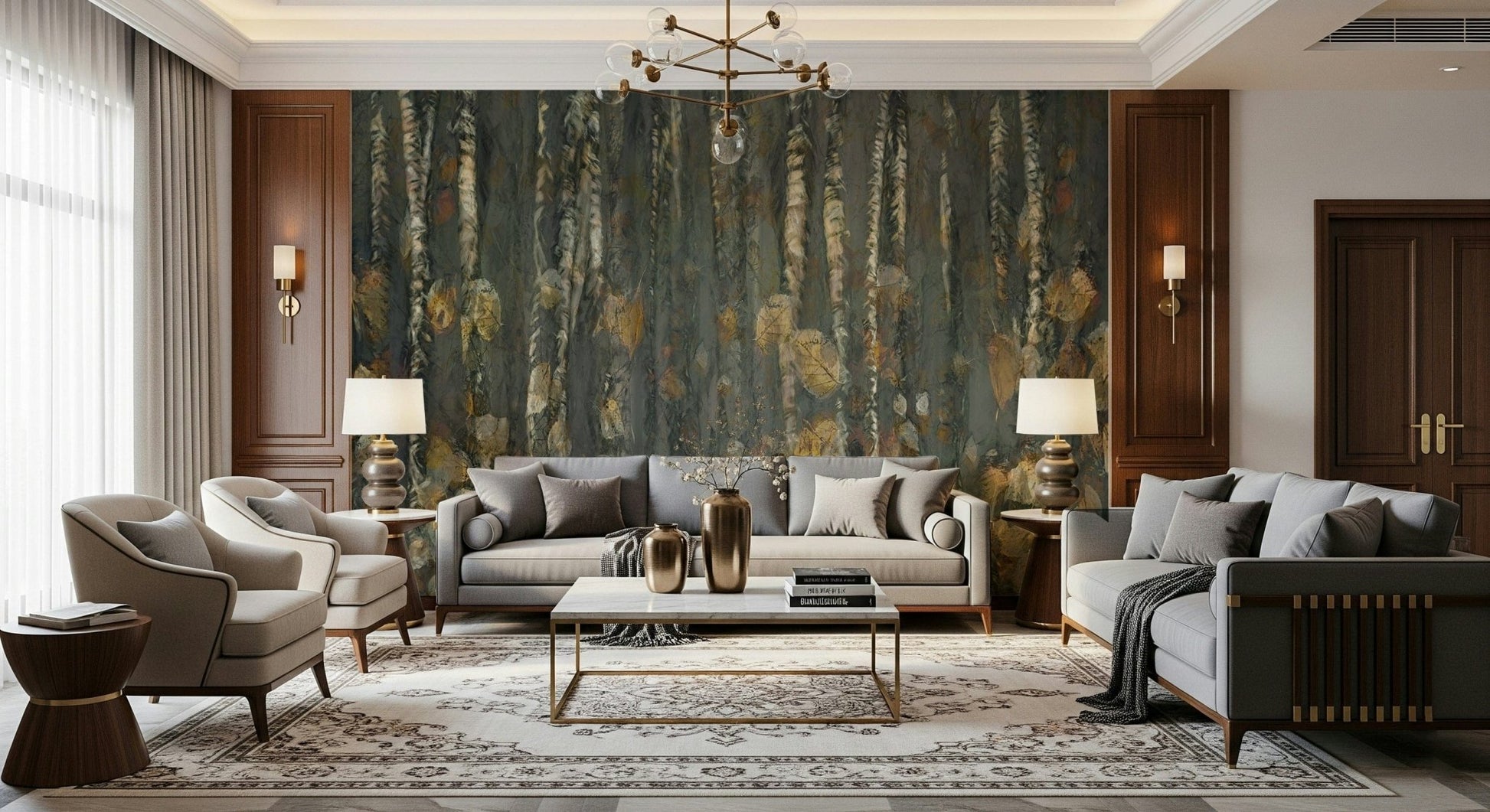 Modern apartment bedroom featuring a forest themed feature wall in neutral tones