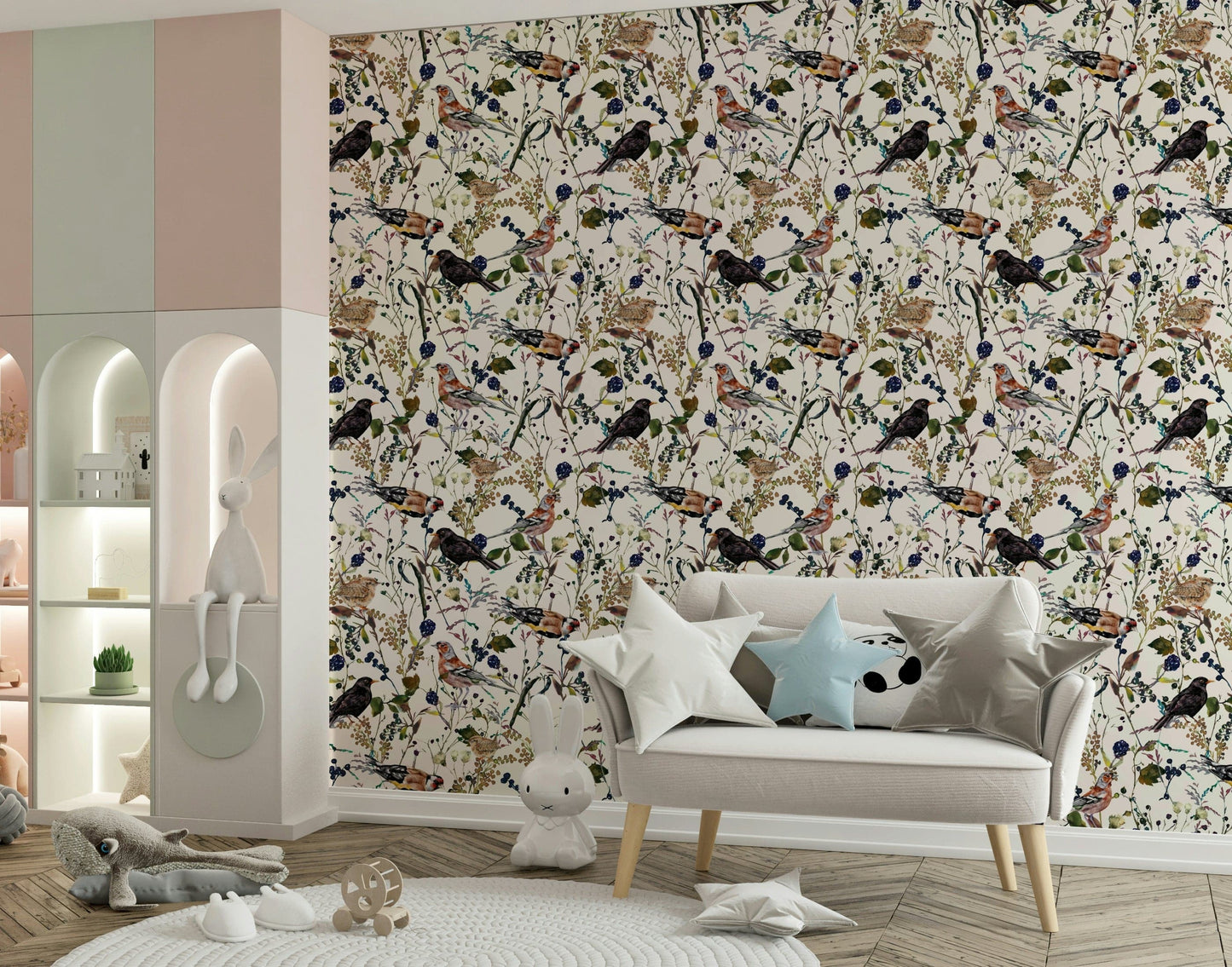 Songbirds on branches wallpaper in reading nook, warm lamp light, soft color botanicals