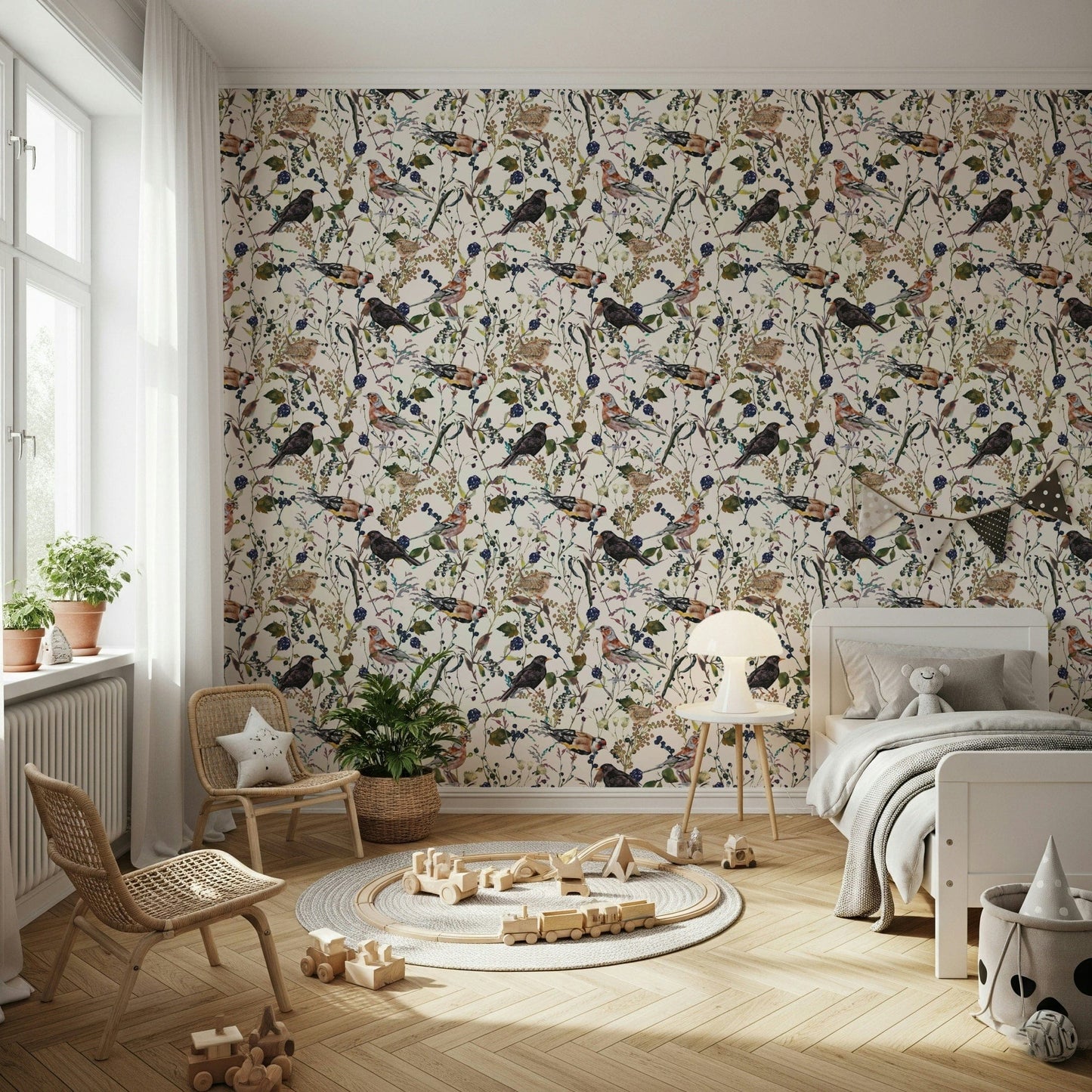 Bird and berry wall mural on feature wall, modern sitting room, airy nature print