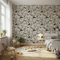 Bird and berry wall mural on feature wall, modern sitting room, airy nature print