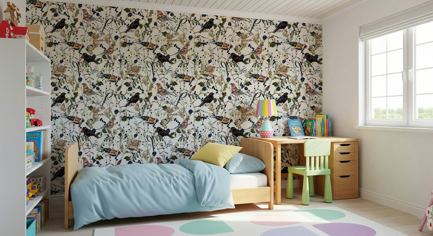 Bird and berry wallpaper on modern living room feature wall, soft color florals and songbirds