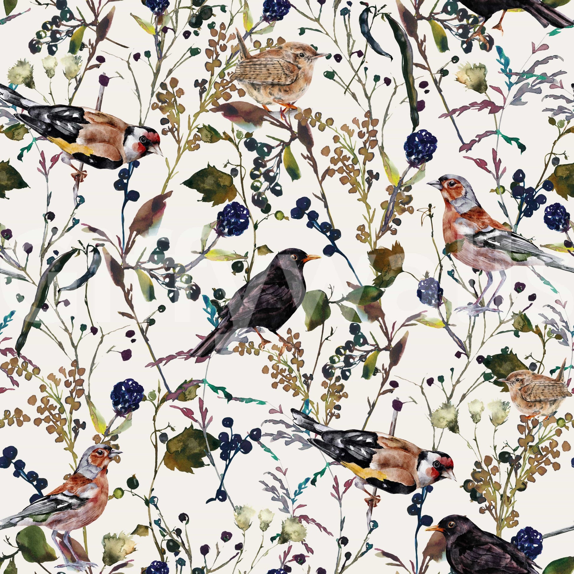 Berry branches and birds wallpaper in bathroom, light botanical style, modern fixtures