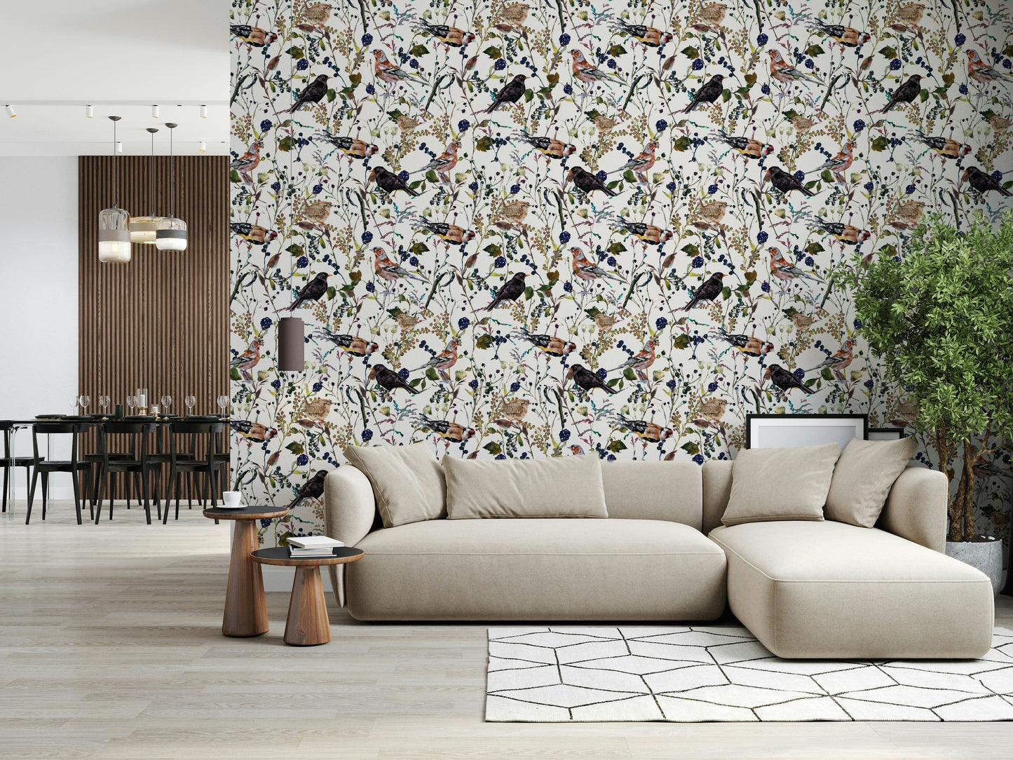 Berry Song Birds Wallpaper behind sofa, light botanical branches and small birds, wall decor